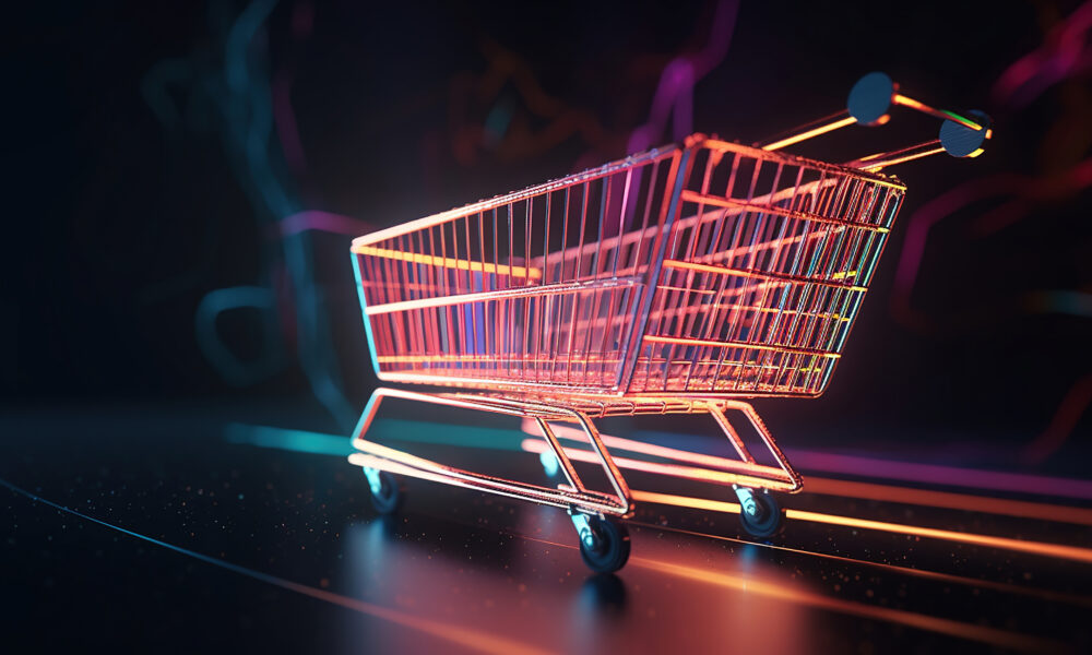 shopping cart with shopping bag moves speed light generative ai