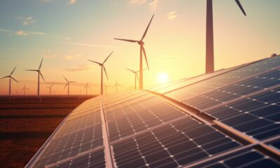 solar panels wind mills sunset sustainable energy eco environment