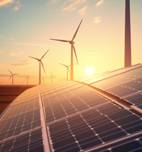 solar panels wind mills sunset sustainable energy eco environment
