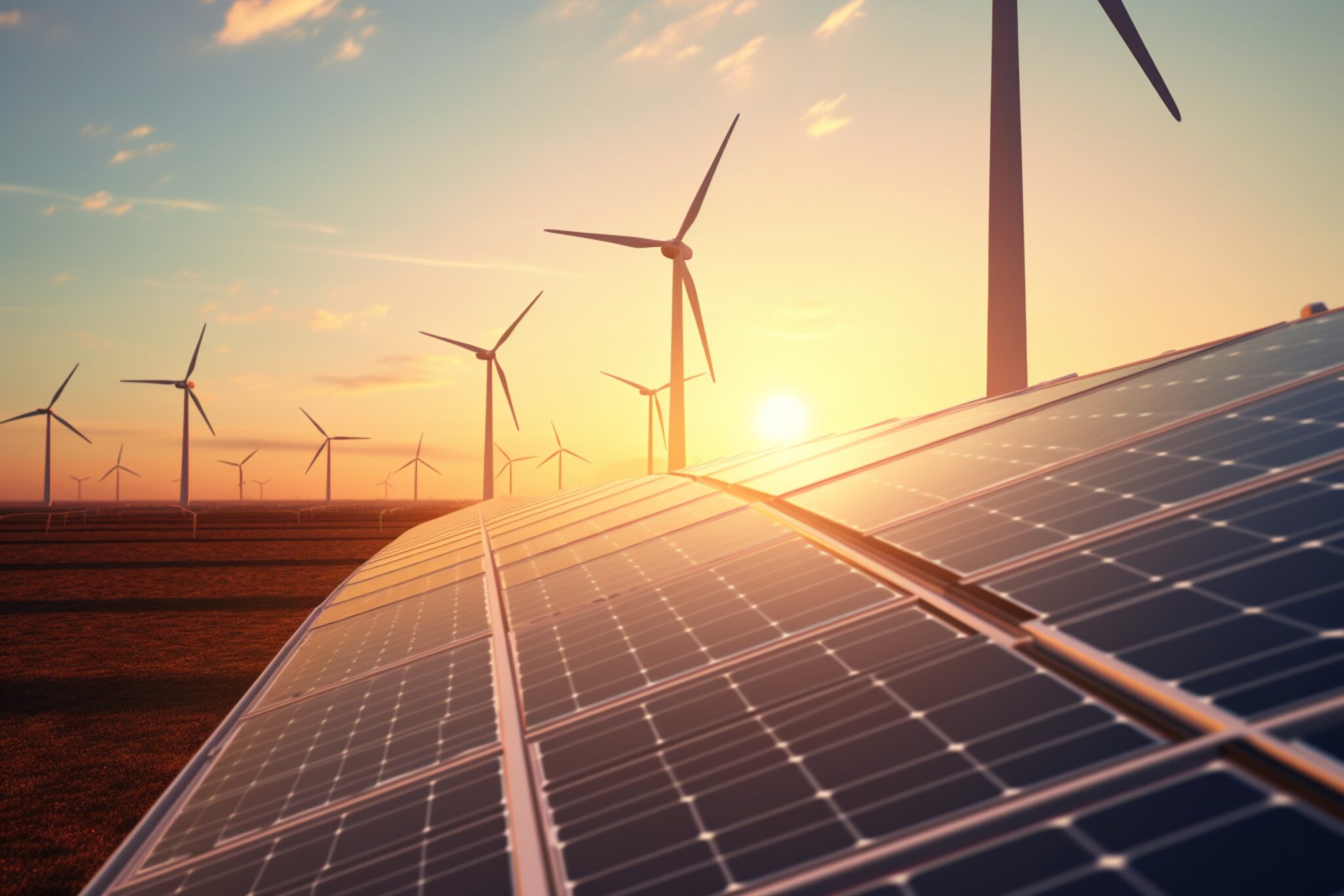 solar panels wind mills sunset sustainable energy eco environment scaled