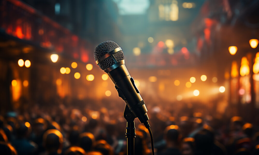 rock musician stage with microphone captivating adulating audience generated by artificial intelligence