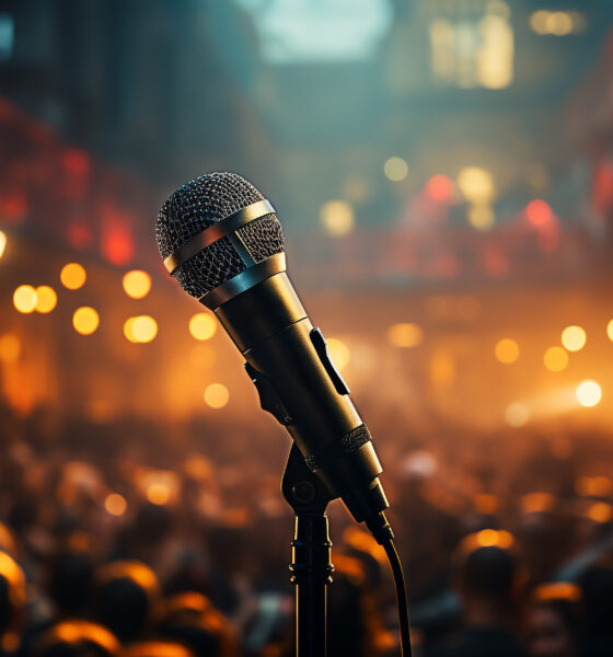 rock musician stage with microphone captivating adulating audience generated by artificial intelligence