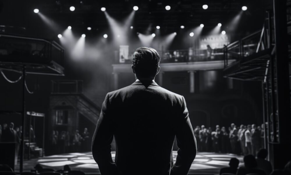 view black white person attending theatre